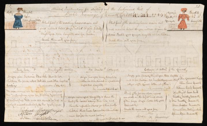 Handwritten document on a single sheet of landscape format paper, with colour illustrations of Starkie Jennings' two daughters in the top two corners. There are hand-drawn buildings in pencil across the middle of the page, and the rest of the document, in black ink, details the will of Starkie Jennings and which daughter was to receive which items of his estate.